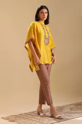 Yellow  chanderi eraya embellished kaftan set