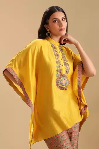 Yellow  chanderi eraya embellished kaftan set