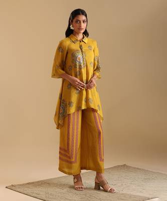 Yellow  cotton silk eraya embellished co-ord set 2