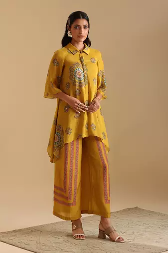 Yellow  cotton silk eraya embellished co-ord set