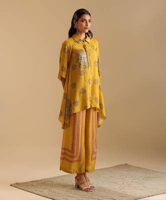 Yellow  cotton silk eraya embellished co-ord set 3