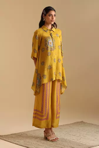Yellow  cotton silk eraya embellished co-ord set