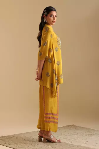 Yellow  cotton silk eraya embellished co-ord set