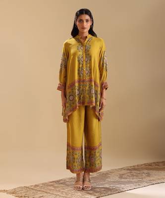 Yellow   cotton silk eraya embellished co-ord set 1