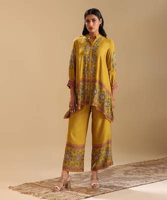 Yellow   cotton silk eraya embellished co-ord set 2