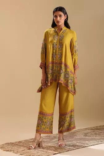 Yellow   cotton silk eraya embellished co-ord set