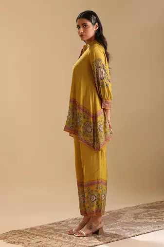 Yellow   cotton silk eraya embellished co-ord set