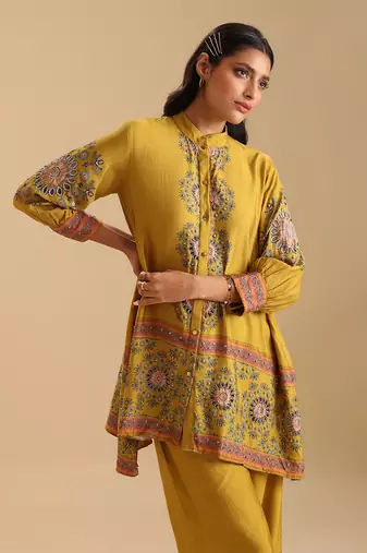 Yellow   cotton silk eraya embellished co-ord set