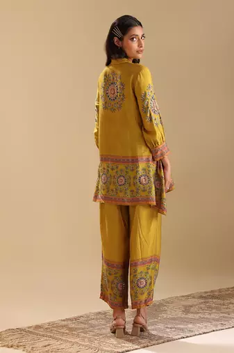 Yellow   cotton silk eraya embellished co-ord set