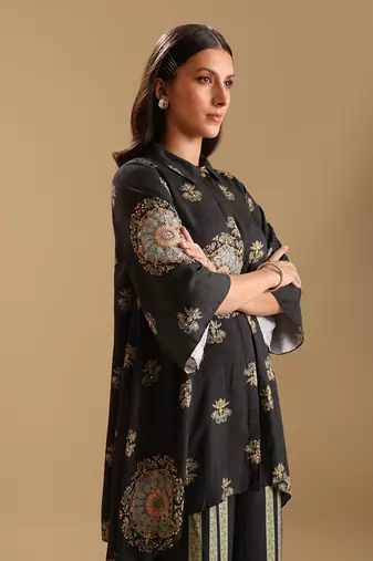Black  cotton silk eraya embellished co-ord set