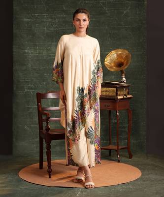 Beige  chanderi kaira emblished asymmetric  kurta set 1