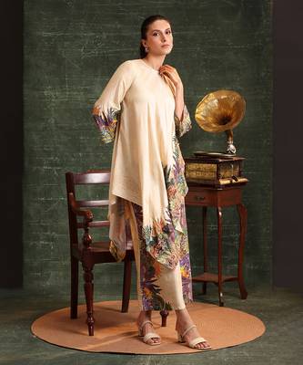 Beige  chanderi kaira emblished asymmetric  kurta set 2
