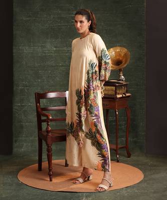 Beige  chanderi kaira emblished asymmetric  kurta set 3