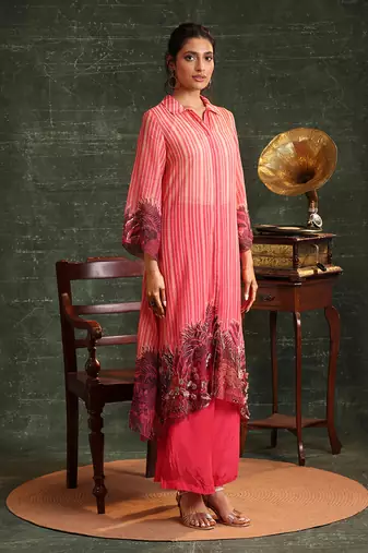 Pink  organza kaira embellished shirt kurta set