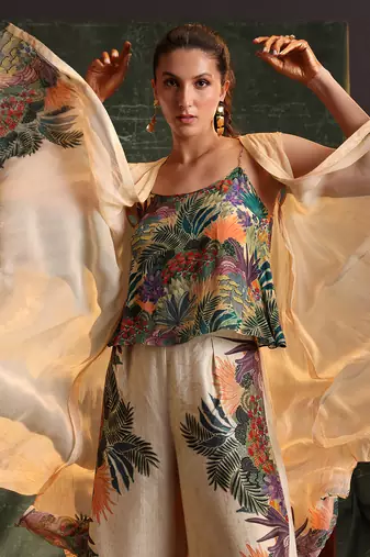 Beige  chanderi  kaira embellished co-ord set with a cape