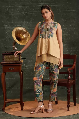 Beige   cotton  kaira embellished co-ord set