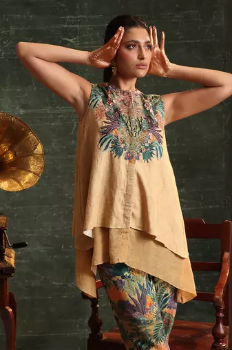 Beige   cotton  kaira embellished co-ord set