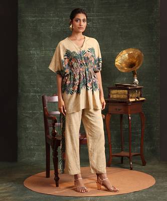 Beige   cotton kaira embellished kaftan set 1