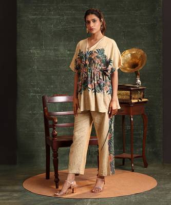 Beige   cotton kaira embellished kaftan set 2