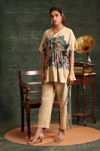 Beige   cotton kaira embellished kaftan set