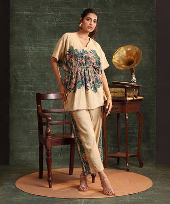Beige   cotton kaira embellished kaftan set 3