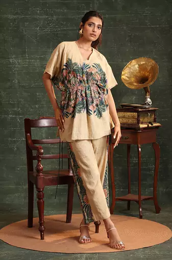 Beige   cotton kaira embellished kaftan set