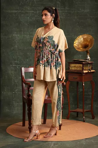 Beige   cotton kaira embellished kaftan set