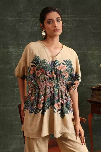 Beige   cotton kaira embellished kaftan set