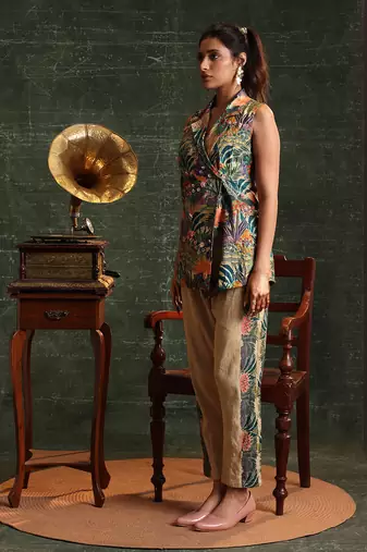Multicolor  chanderi kaira embellished sleveless balzer set