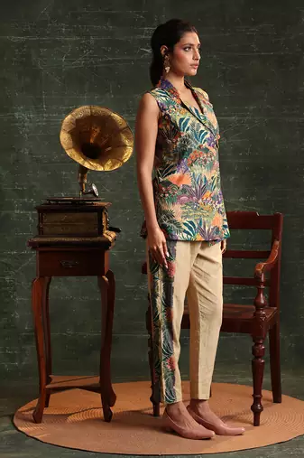 Multicolor  chanderi kaira embellished sleveless balzer set