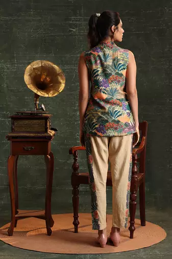 Multicolor  chanderi kaira embellished sleveless balzer set
