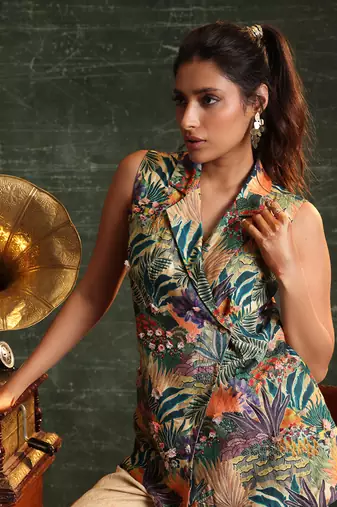 Multicolor  chanderi kaira embellished sleveless balzer set
