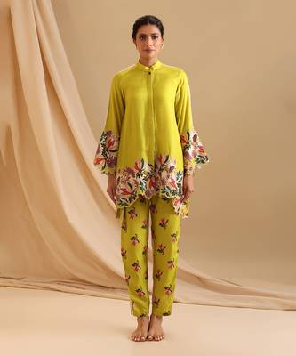 Mustard Yellow Malaysian Silk Floral Printed Co rd Set for Office and Parties 1