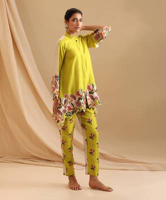 Mustard Yellow Malaysian Silk Floral Printed Co rd Set for Office and Parties 2