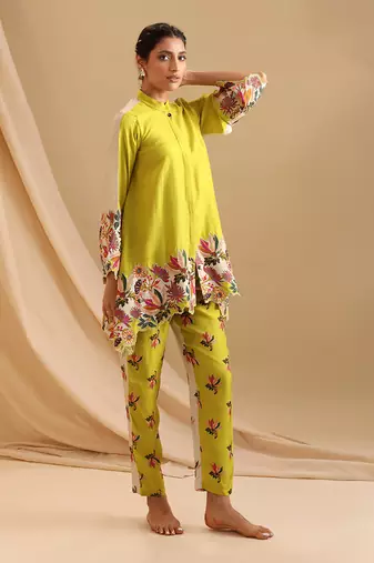 Mustard Yellow Malaysian Silk Floral Printed Co rd Set for Office and Parties