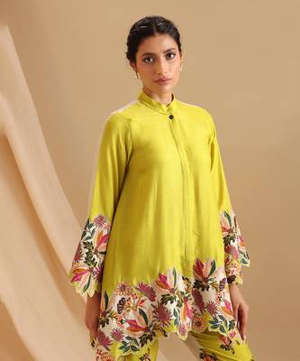 Mustard Yellow Malaysian Silk Floral Printed Co rd Set for Office and Parties 3