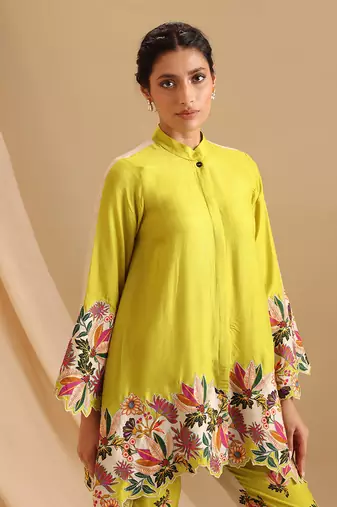 Mustard Yellow Malaysian Silk Floral Printed Co rd Set for Office and Parties