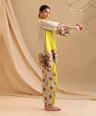 Mustard Yellow Malaysian Silk Floral Printed Co rd Set for Office and Parties 4