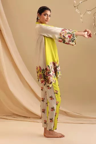 Mustard Yellow Malaysian Silk Floral Printed Co rd Set for Office and Parties