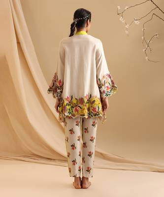 Mustard Yellow Malaysian Silk Floral Printed Co rd Set for Office and Parties 5