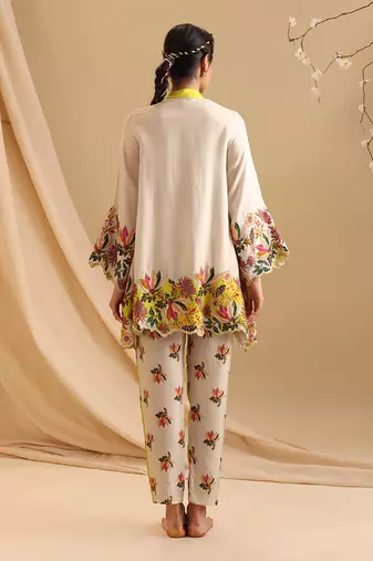 Mustard Yellow Malaysian Silk Floral Printed Co rd Set for Office and Parties