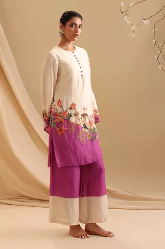 Cream malaysian silk aarani embroidered kurta set
