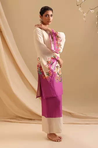 Cream malaysian silk aarani embroidered kurta set