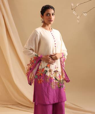 Cream malaysian silk aarani embroidered kurta set 4