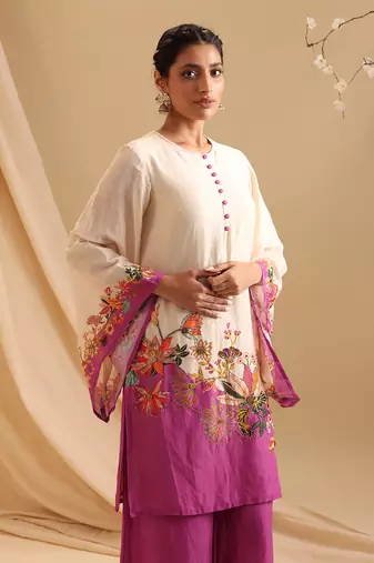Cream malaysian silk aarani embroidered kurta set