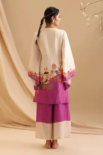 Cream malaysian silk aarani embroidered kurta set
