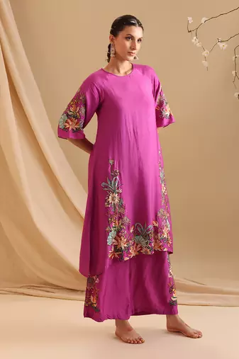 Pink  chanderi aarani embroidered kurta set