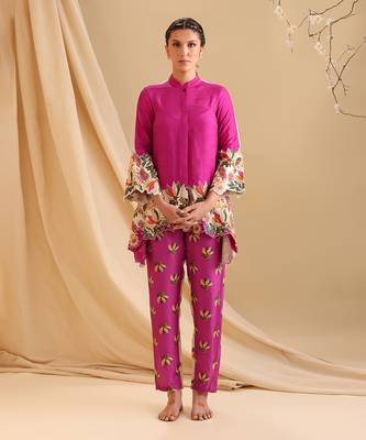 Fuchsia  malasyan silk aarani embroidered co-ord set 1