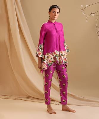 Fuchsia  malasyan silk aarani embroidered co-ord set 2
