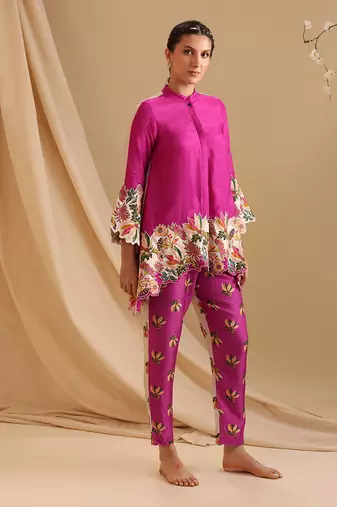 Fuchsia  malasyan silk aarani embroidered co-ord set